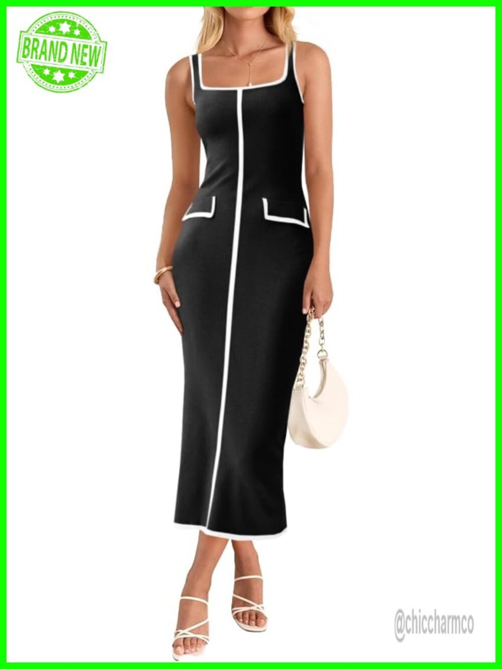 Sleeveless Midi Dress Square Neck Knit Bodycon Colorblock Tank Dress